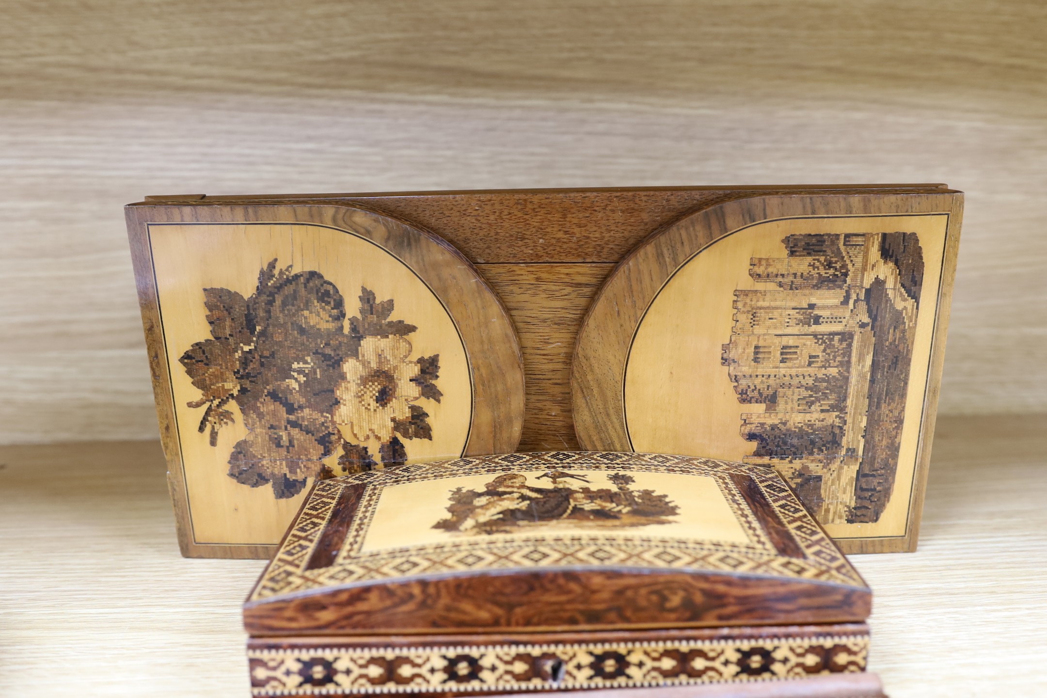 Three pieces of 19th century Tunbridge ware - blotter, a bookslide and a lidded box